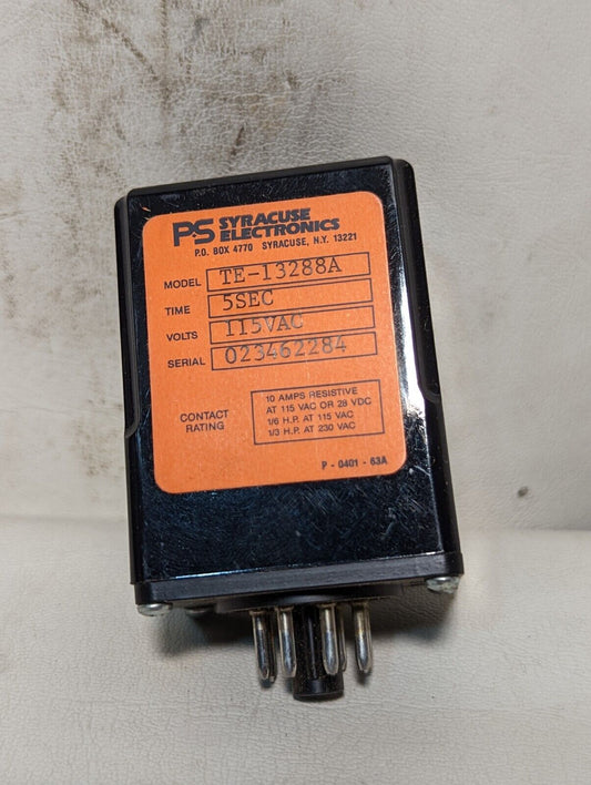 Syracuse Electronics TE-13288A relay, 5 seconds, 115VAC, 10A resistive at 115VAC