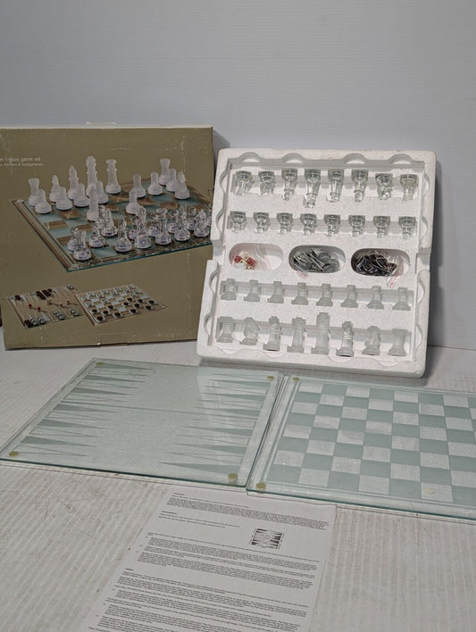 Vintage 3 in 1 Glass Chess Set Checkers & Backgammon Complete - Free Shipping