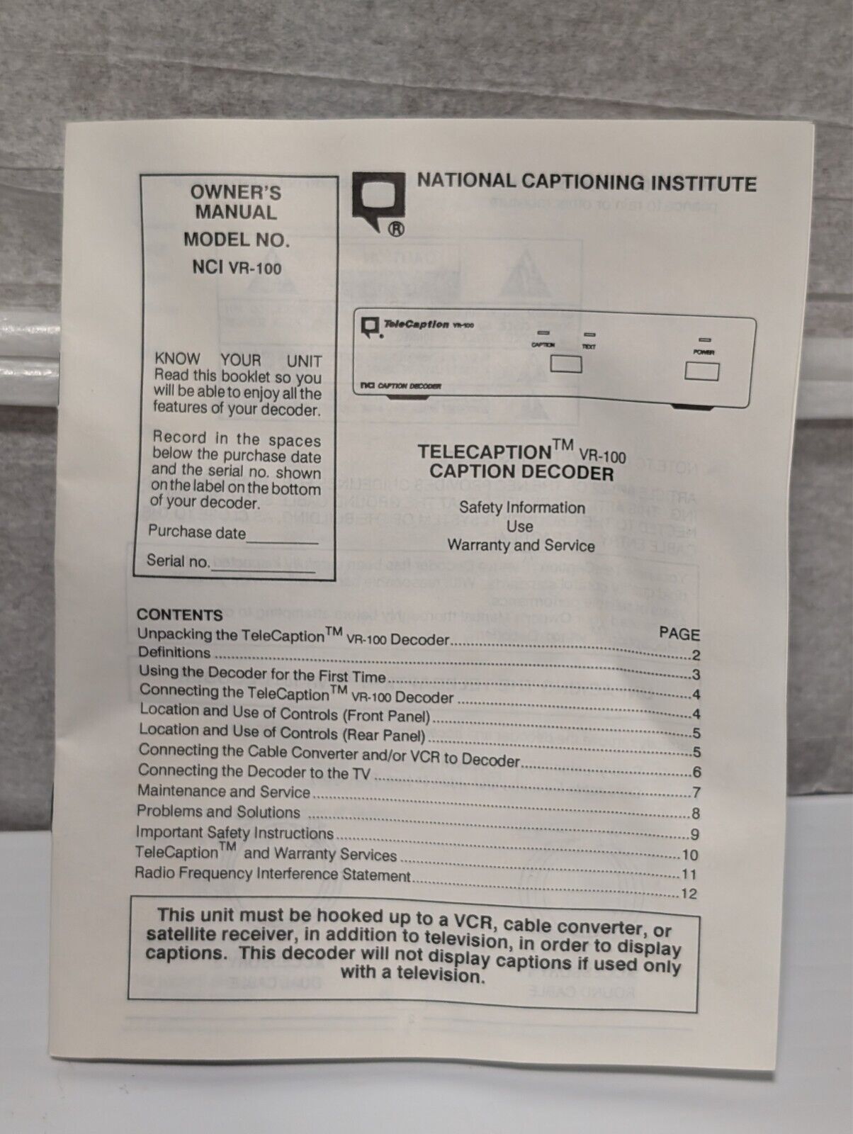 TeleCaption VR-100 Nci Closed Caption Decoder
