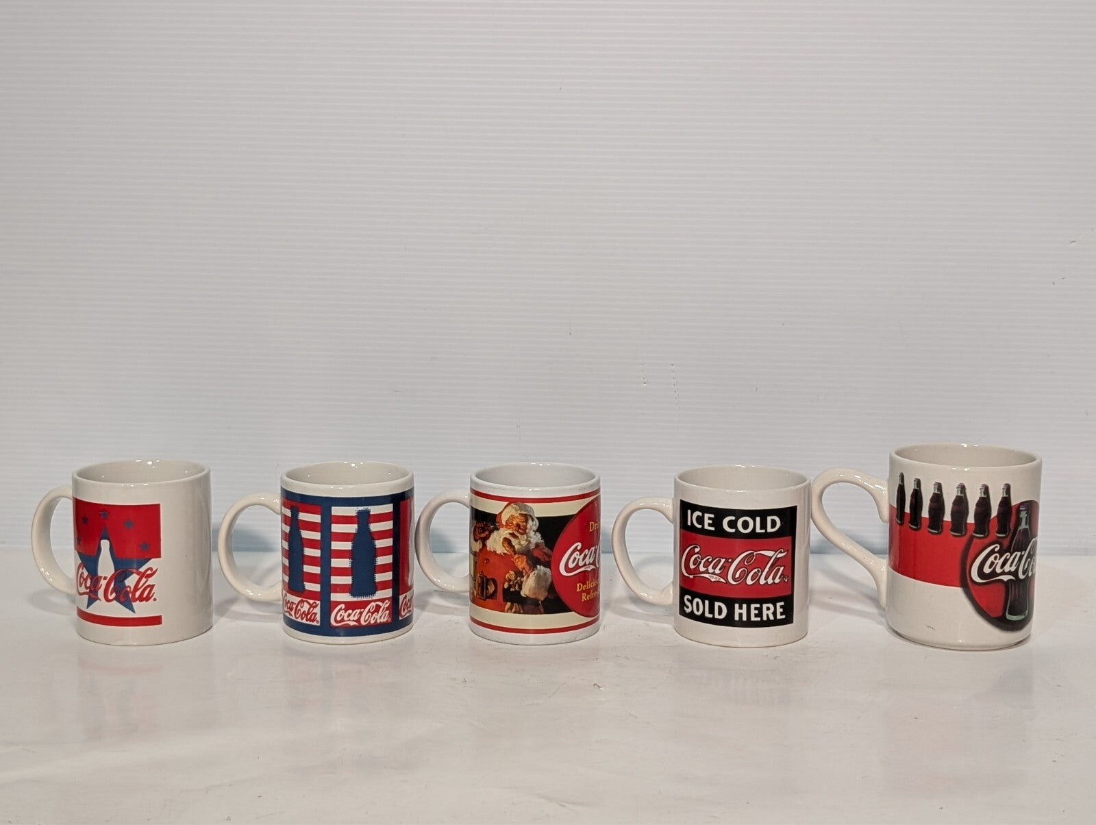 (5) Vintage Coca Cola Collectible Drinking Mugs Coke Ceramic Handles Red Blue