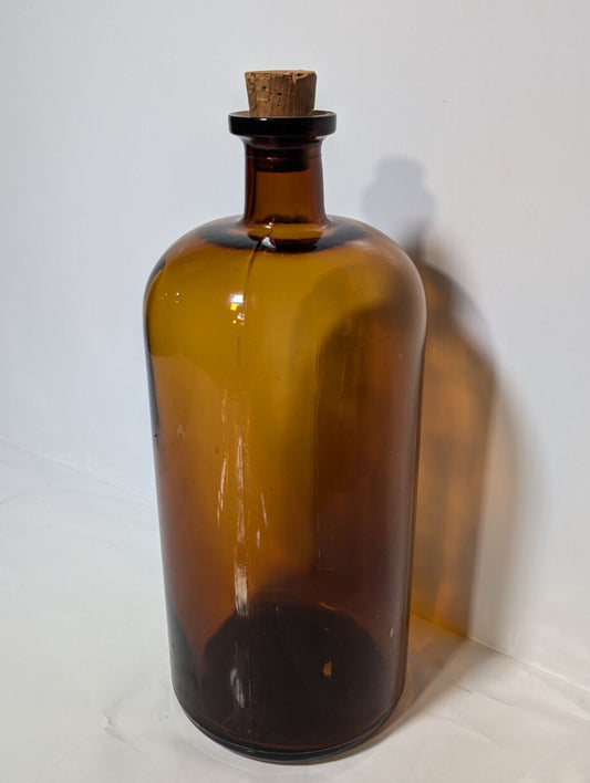 Vintage Large Brown Amber Apothecary Bottle with Cork, Vintage Pharmacy Bottle