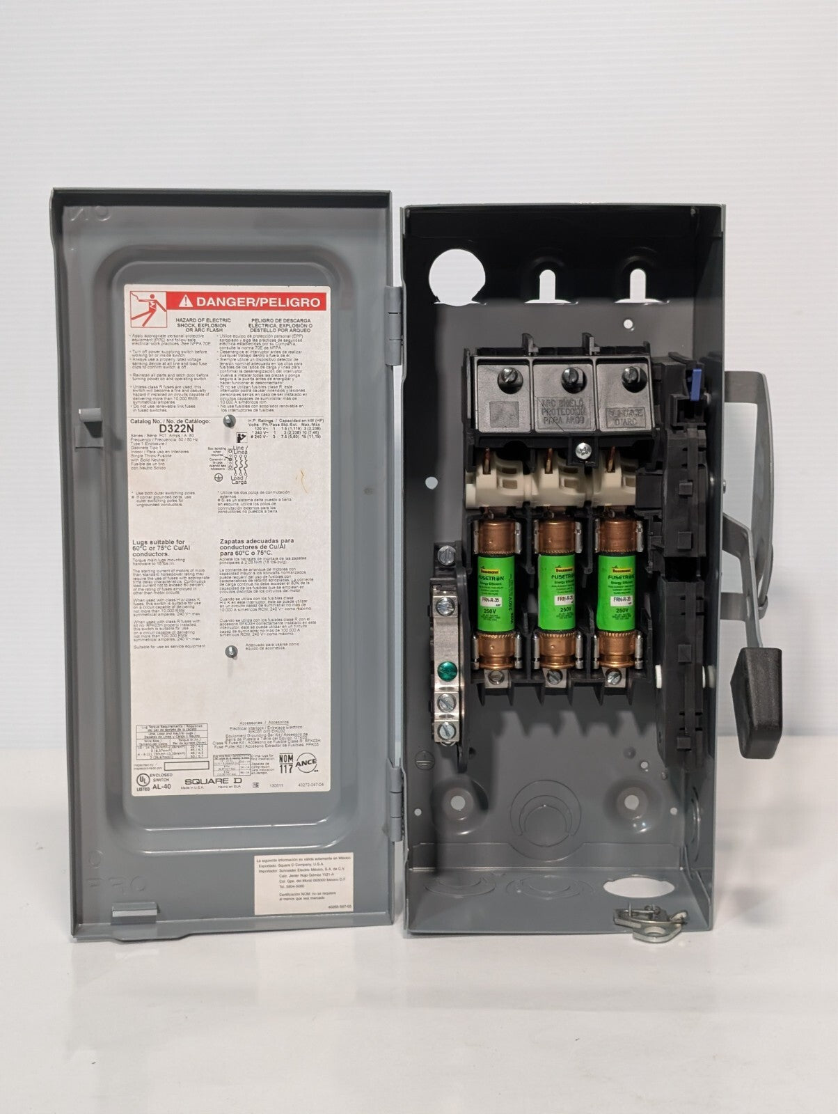 Square D D322N General Duty Safety Switch Fusible 60A 3PH 240VAC FRN-R-35 Fuses