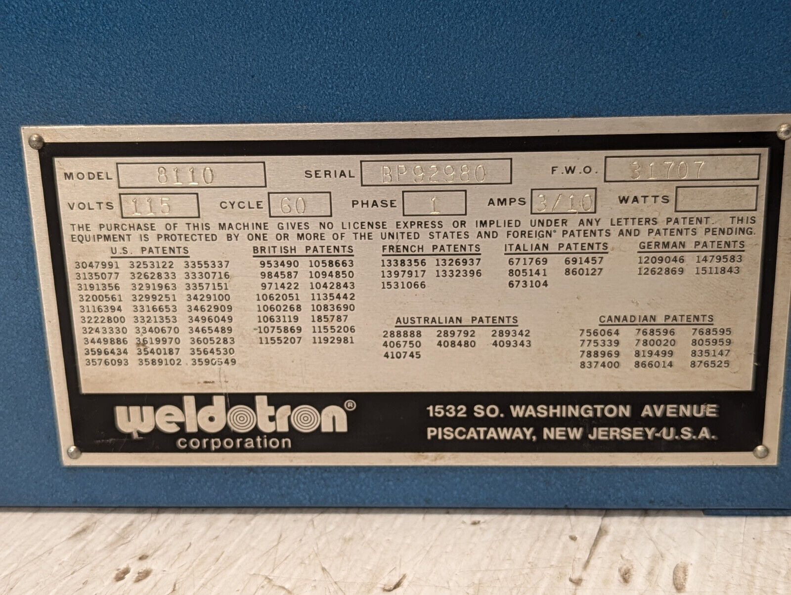 Weldotron Corporation 8110, 1 phase, 60 cycle, 115 V, Made in USA, Free Shipping
