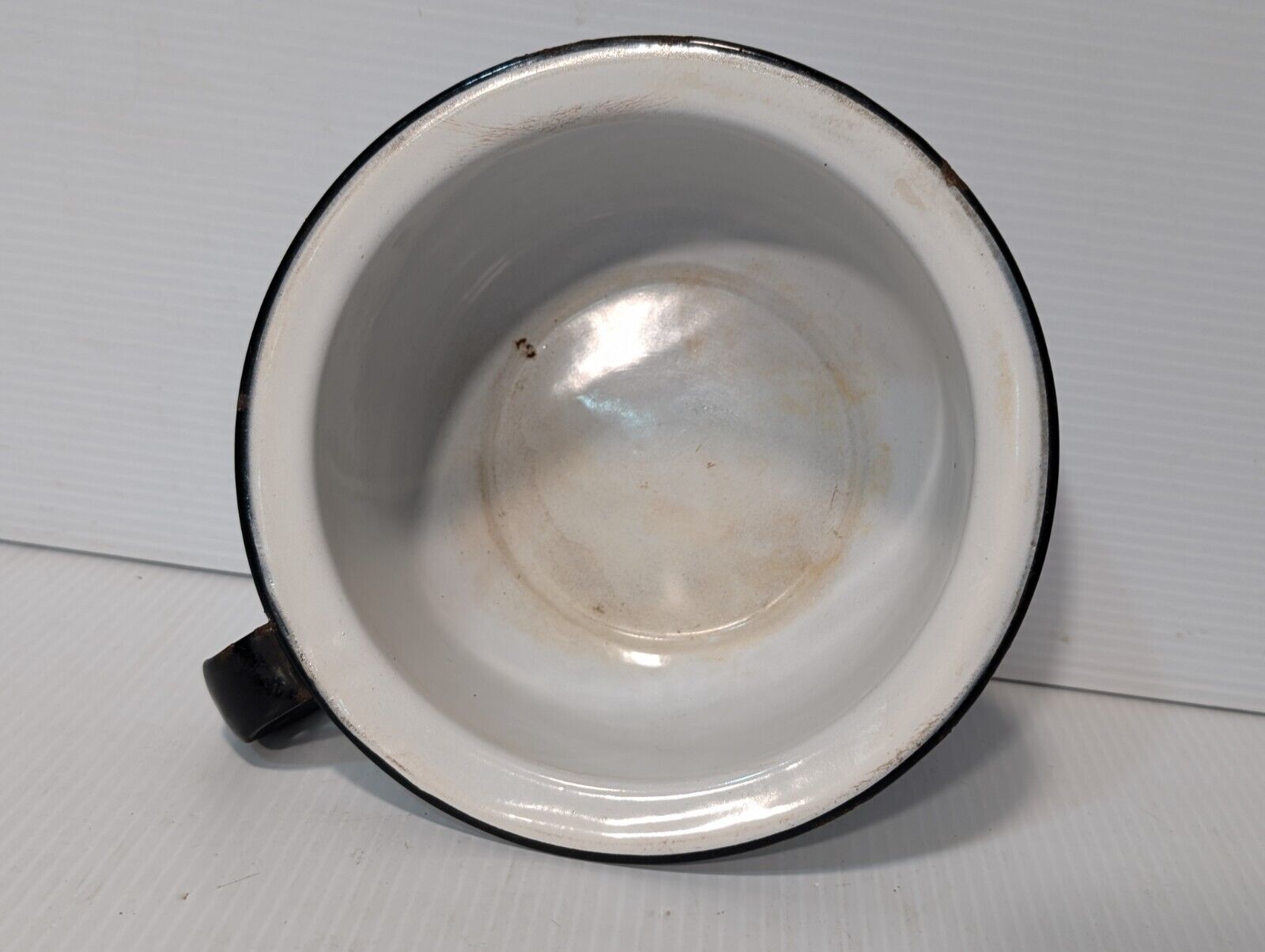 Vintage White Enamel Mug (?) with Large Lip, Black Trim, Handle - Free Shipping