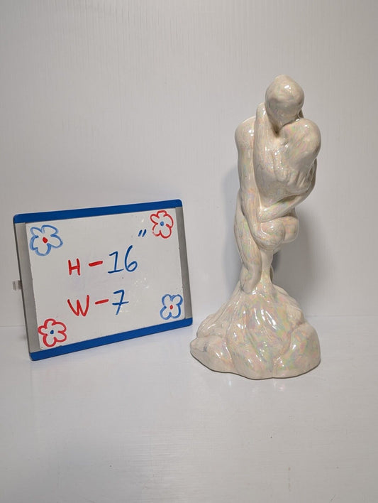 Vintage Lovers Naked Man Woman Embracing  Erotic Pearlescent Ceramic Statue