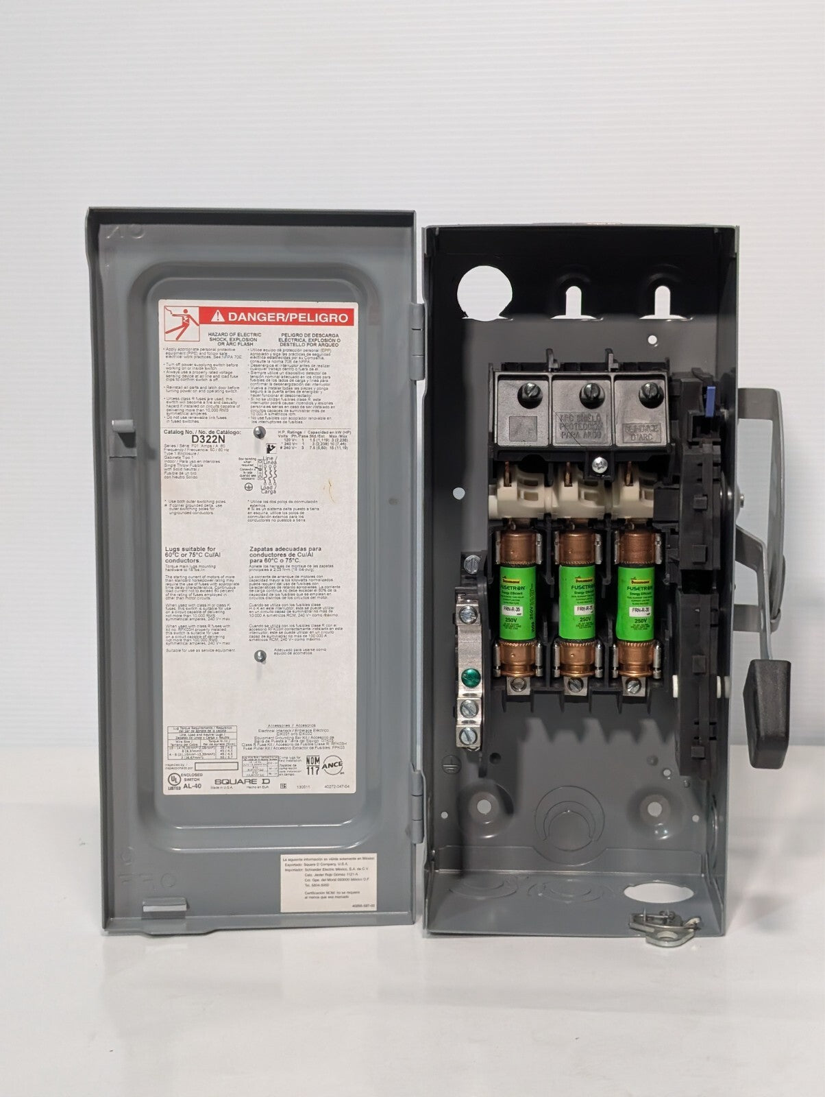 Square D D322N General Duty Safety Switch Fusible 60A 3PH 240VAC FRN-R-35 Fuses