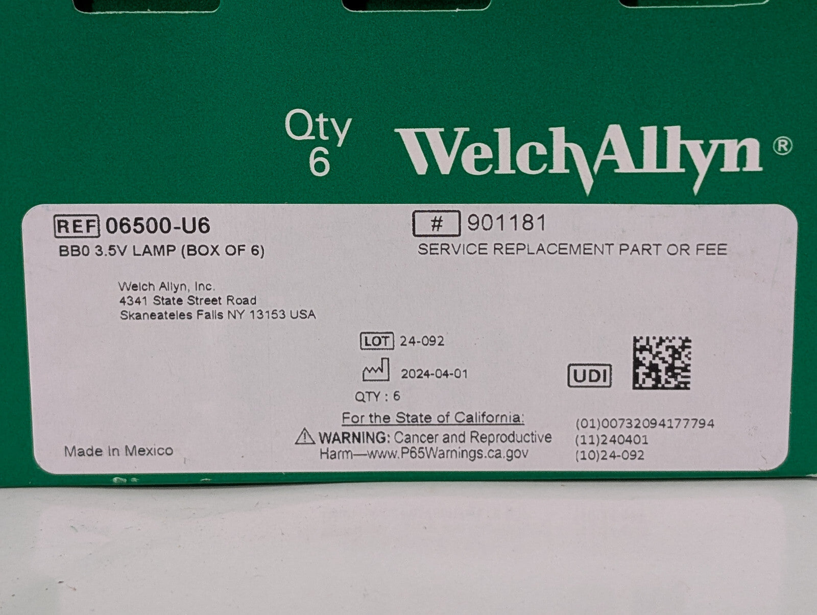 Welch Allyn 06500-U6 Replacement BB0 3.5V Halogen Lamp Otoscope Bulbs 901181 6Pk