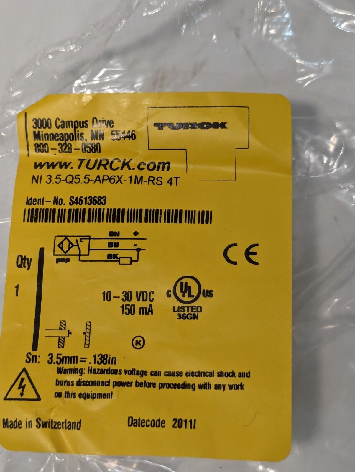 Turck NI3.5-Q5.5-AP6X-1M-RS 4T Inductive Sensor, 10 - 30vdc - Free Shipping