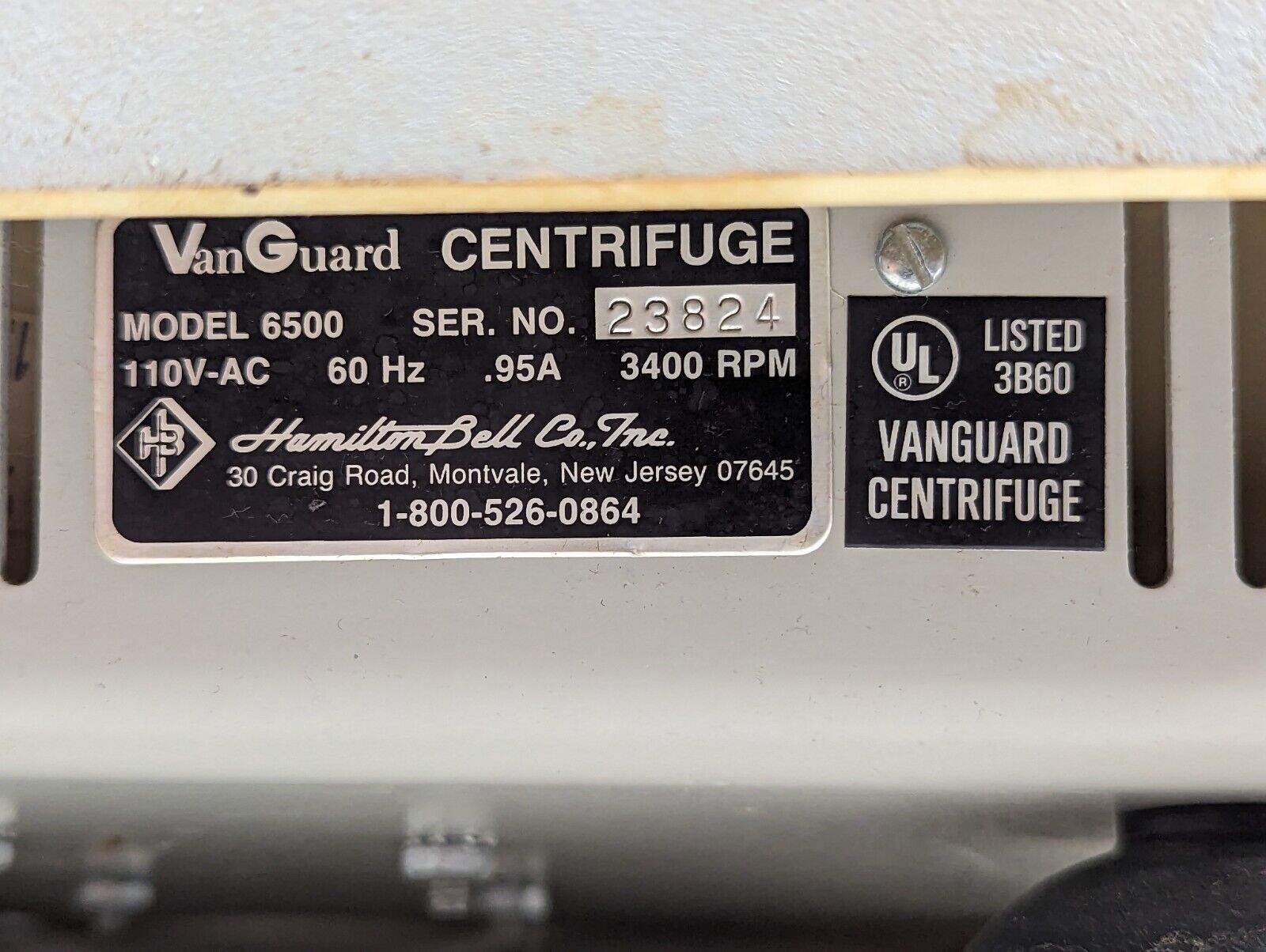 VanGuard V6500 centrifuge, 3400RPM, 110VAC, 60Hz, 0.95A, model 6500