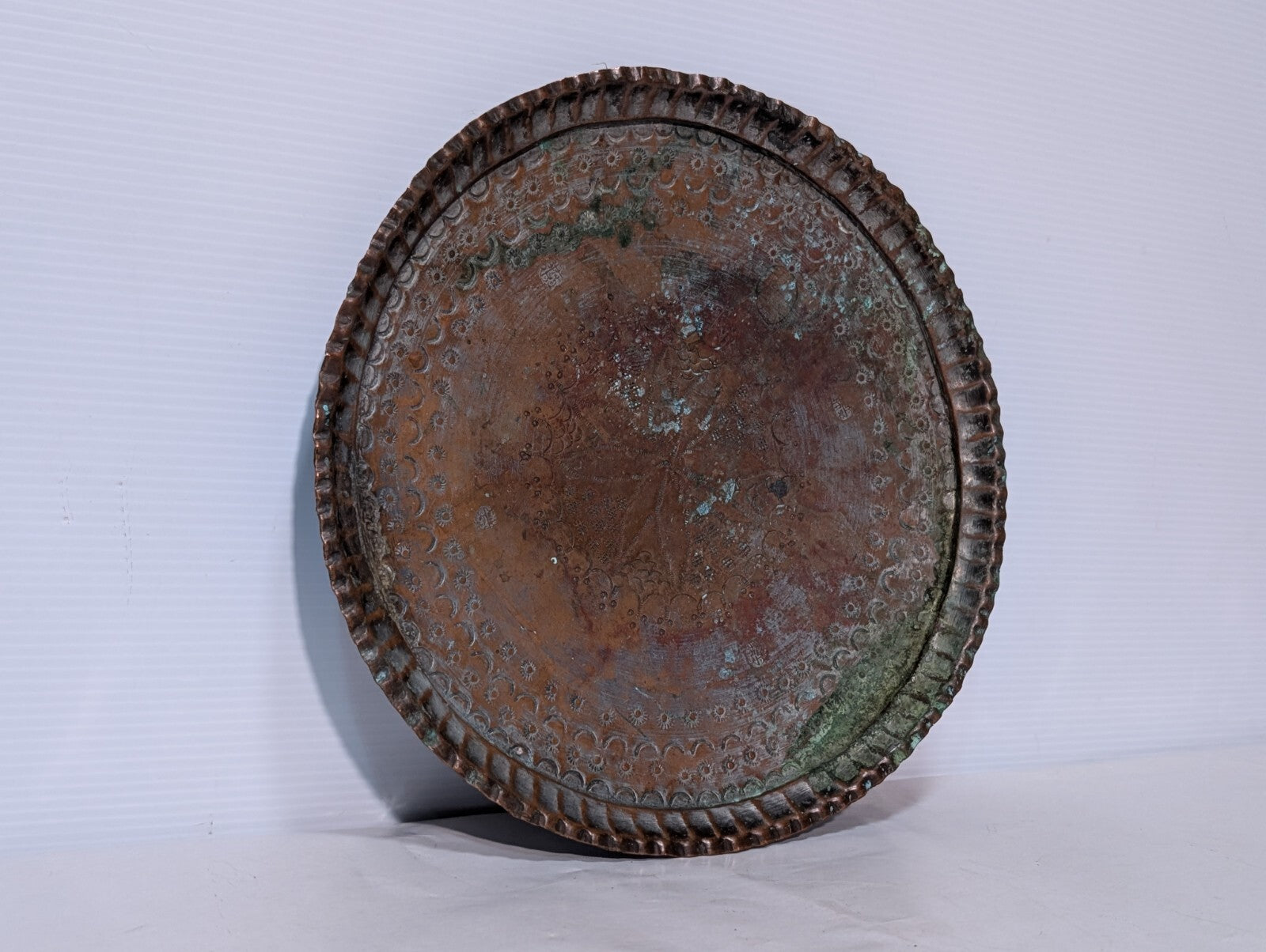 Vintage Hammered + Etched Copper Tray, Possibly Persian or Syrian, 13" Diameter