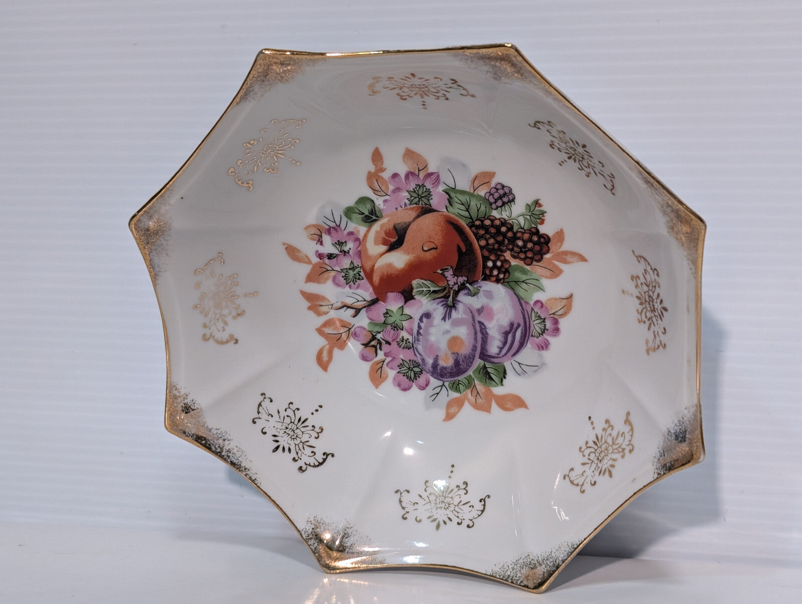 Vintage Antique Victorian Porcelain Bowl Plum Nectarine Berry Fruit Gold Tone