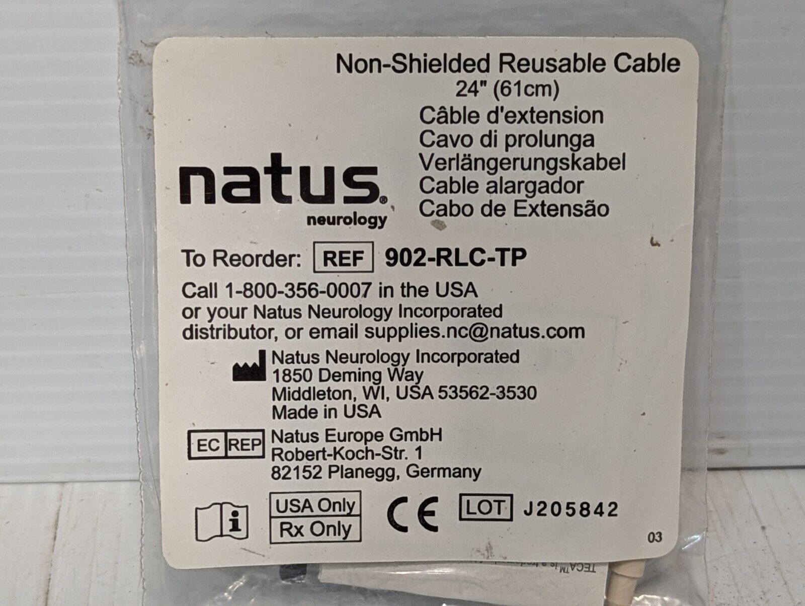 Natus 902-RLC-TP Resuable Cable for Disposable Monopolar Electrodes - Free Ship