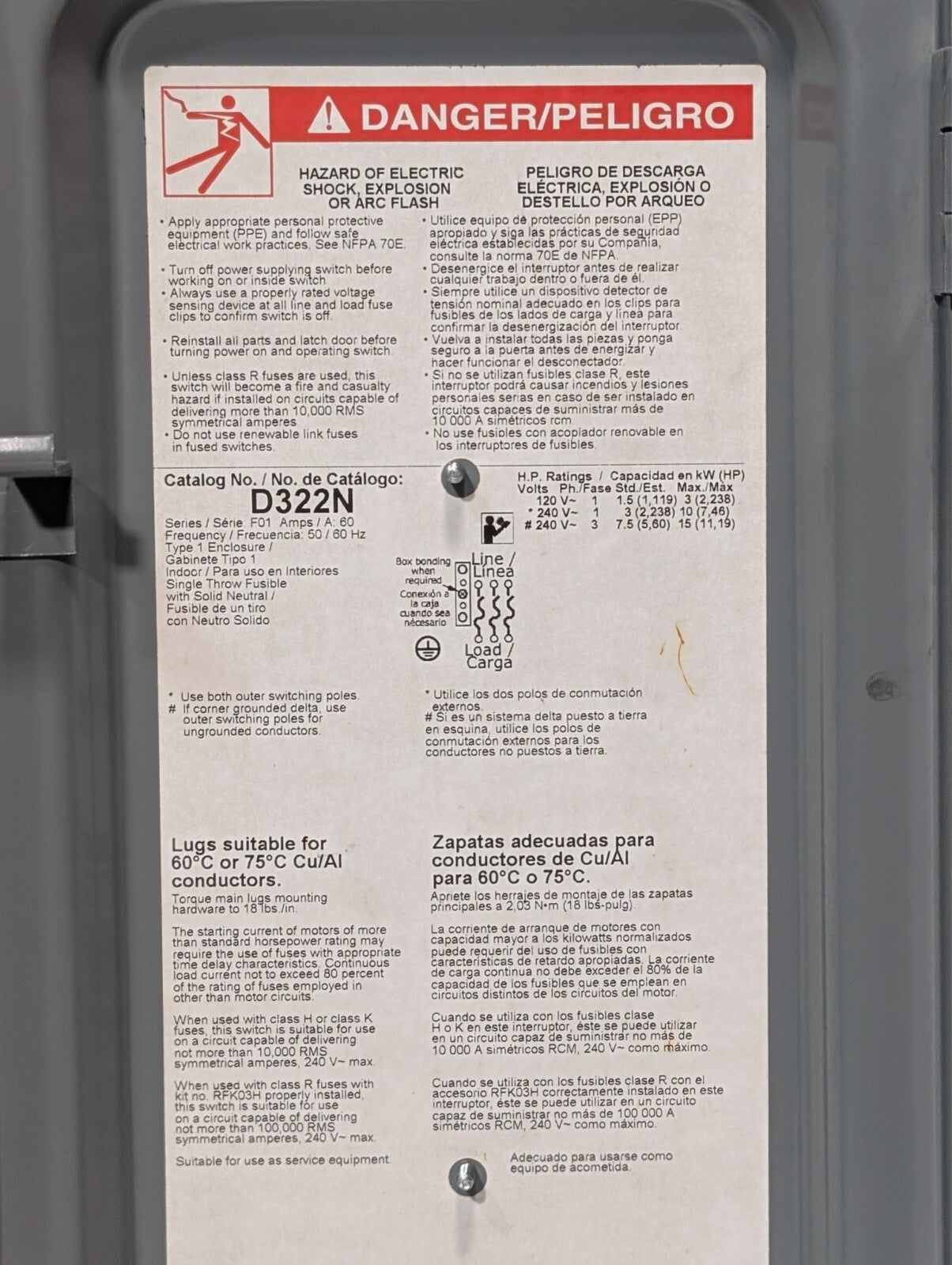 Square D D322N General Duty Safety Switch Fusible 60A 3PH 240VAC FRN-R-35 Fuses