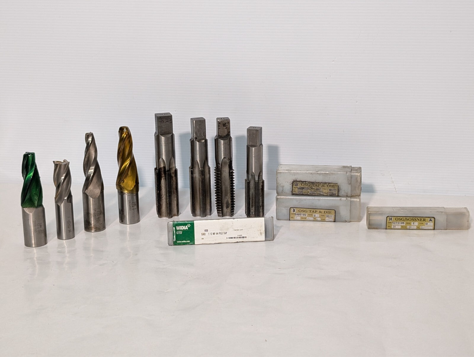 (12) End Mills and Tap, Sossner Widia Conical, See Photos for Specs.