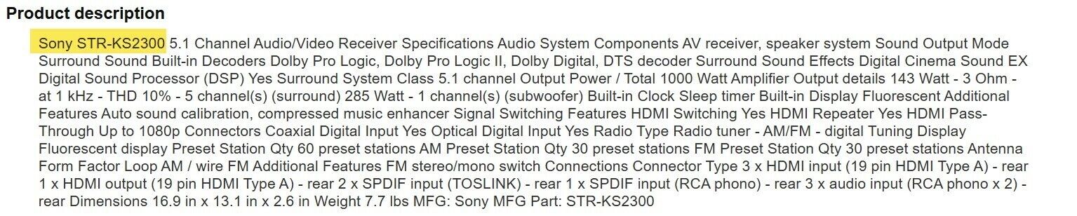 Sony STR-KS2300 S-Master HDMI Surround Sound Multi-Channel AV Receiver 
