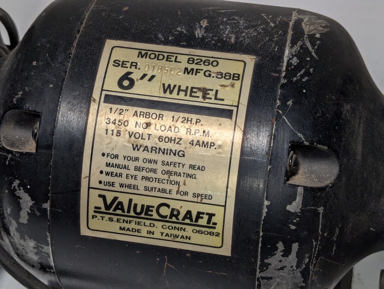 Value-Craft 8260 Bench Grinder, 6" Wheel, 4A, 115V, working, as pictured