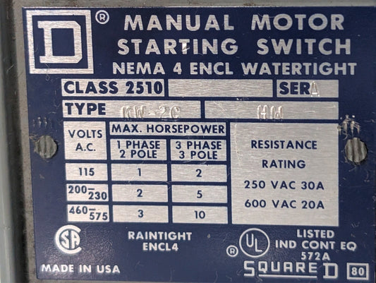 Square D 2510 KW-2C HW MANUAL MOTOR STARTING SWITCH 600 V 30 A 10 HP