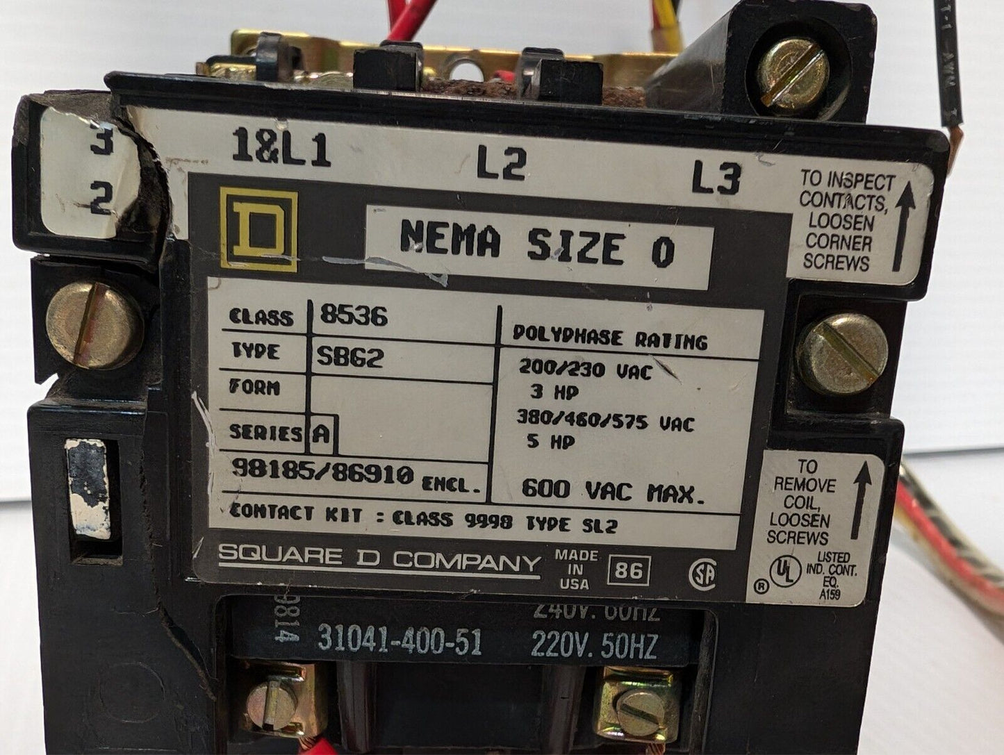 Square D 8536SBG2 motor starter, NEMA sz 0, 3HP, 220/240VAC coil