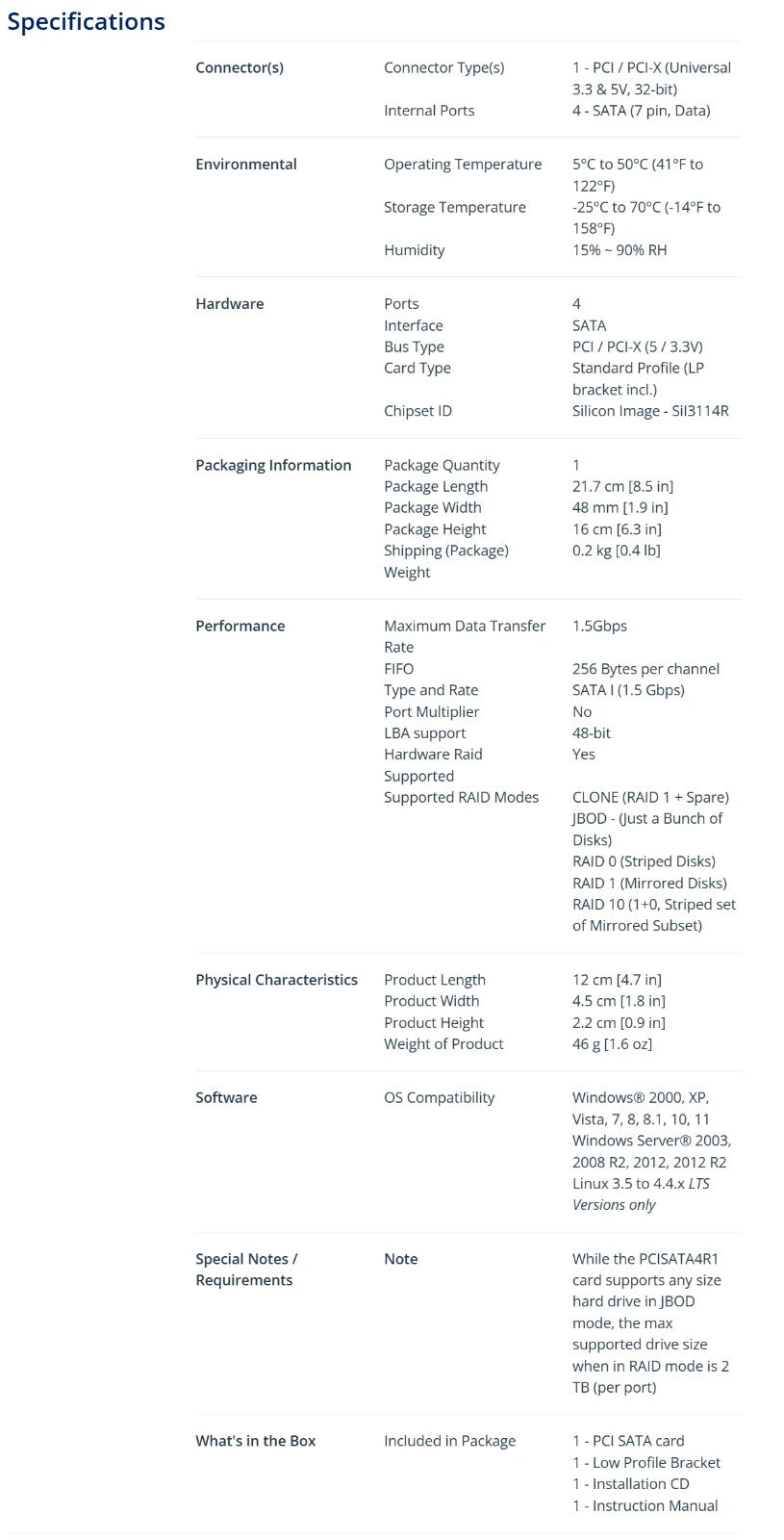 StarTech A114-00B - 4 Port PCI SATA RAID Controller Adapter Card, PCISATA4R1