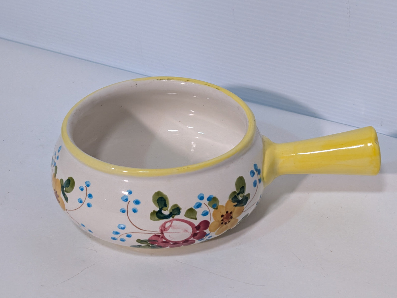 Vintage Hand Painted Soup Crock Pot Ceramic Dish Flowers Yellow Blue Green Berry