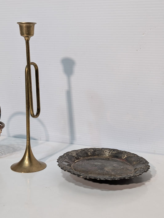 Vintage Bugle Candlestick 9" and Silver Plated Tray with Grapes, Sheffield 6"