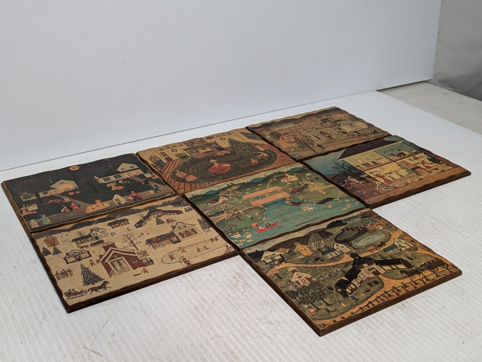 Set of 7 Early Colonial Life Pictures on Wood, Americana, 8.5"x11"-Free Shipping