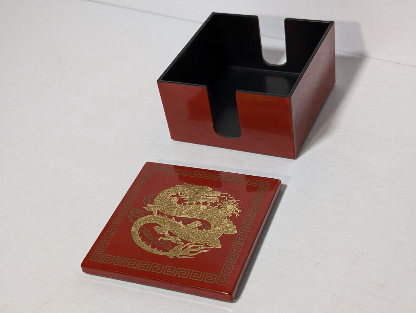 Vintage Japanese Otagiri Red and Gold Dragon Motif Lacquerware Coaster Set