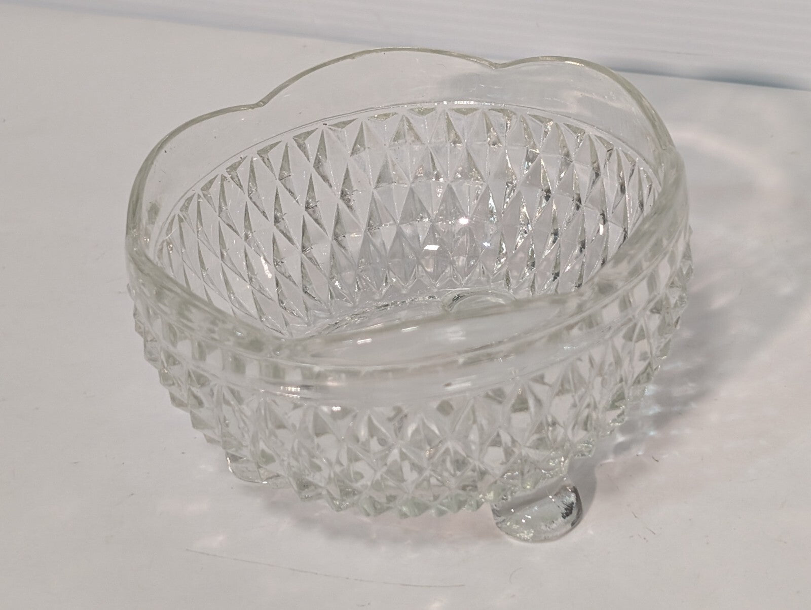 Vintage Indiana Glass Clear Diamond Point 3 Toed Candy Dish 5” x 3”