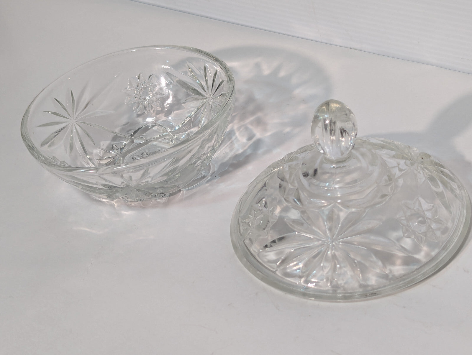 Vintage Antique Crystal Clear Glass Candy Dish, Snack Jar, Lid, Starburst Design