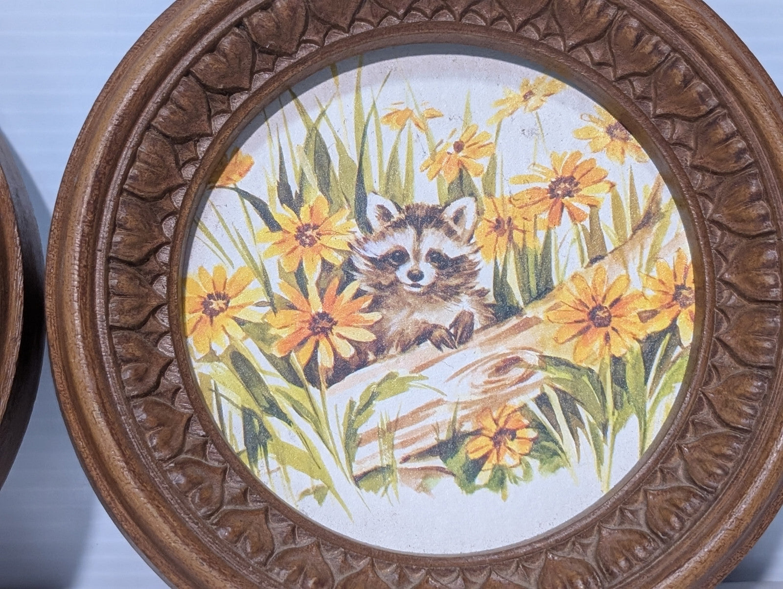 70s Vintage Round 7" Framed Art, Mushroom, Mouse, Raccoon, Woodland, Wildflowers