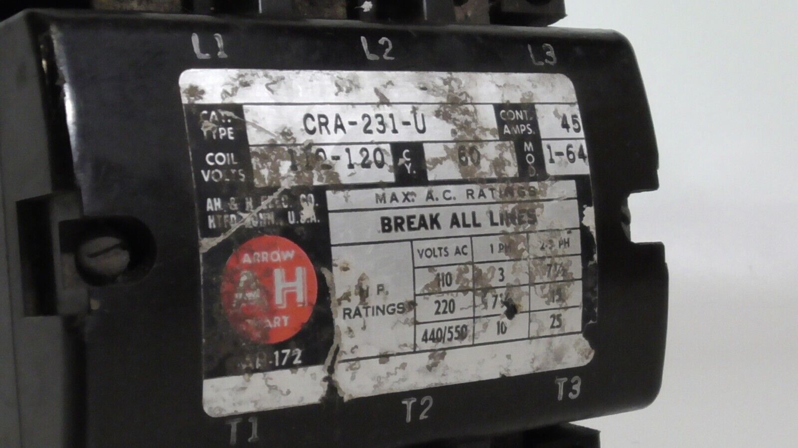 Arrow Hart CRA-231-U Motor Starter 110/120V 60Hz 45A