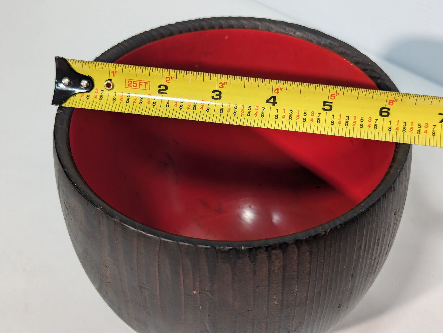 Unique Vintage Mid-Century Wooden Chalice Bowl Wood Stand Pedestal, Red Interior