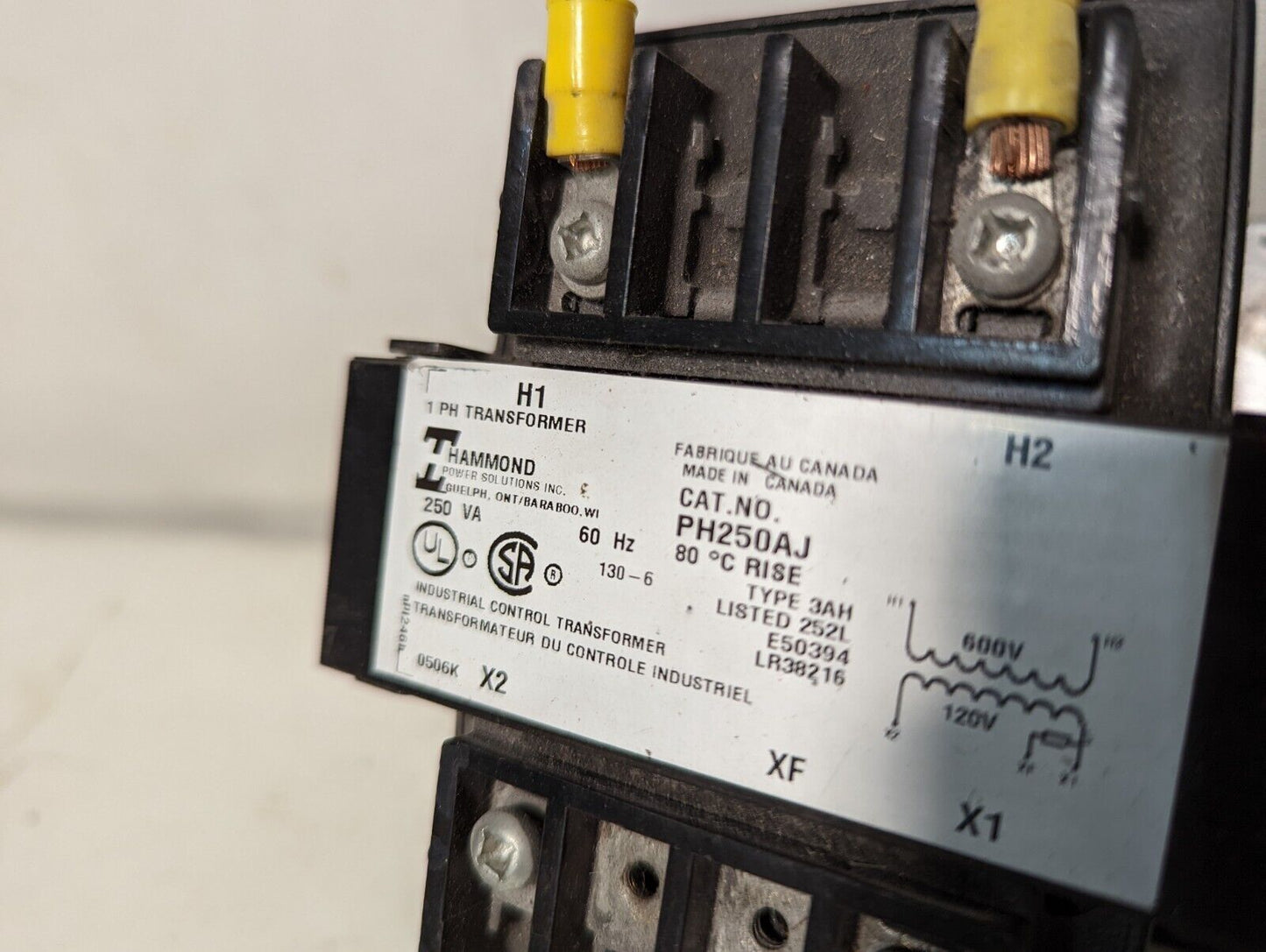 Hammond PH250AJ industrial control transformer, 600VAC Primary, 120/240VAC secon