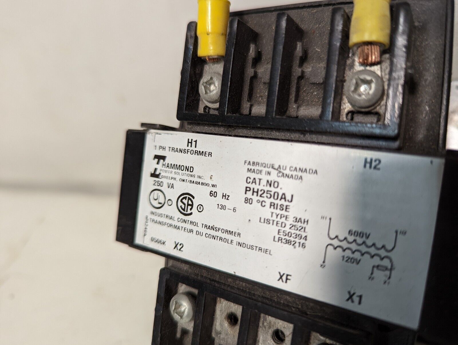 Hammond PH250AJ industrial control transformer, 600VAC Primary, 120/240VAC secon