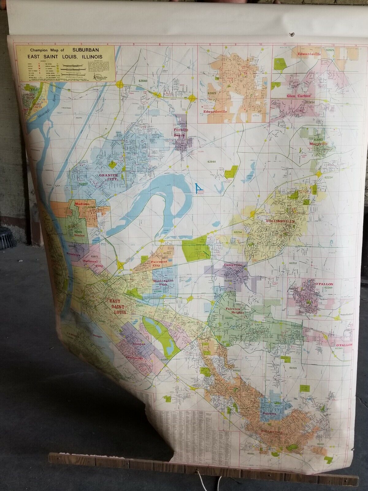 Suburban East St Louis historical pull down map by Champion, vintage