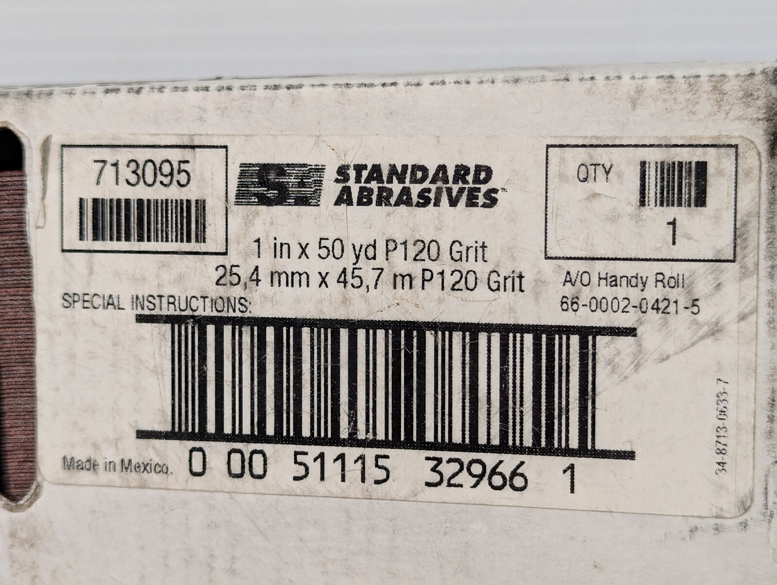 Standard Abrasives 1" x 50 Yard Handy Roll, Med P120 Grit, 66-002-0421-5, 713095