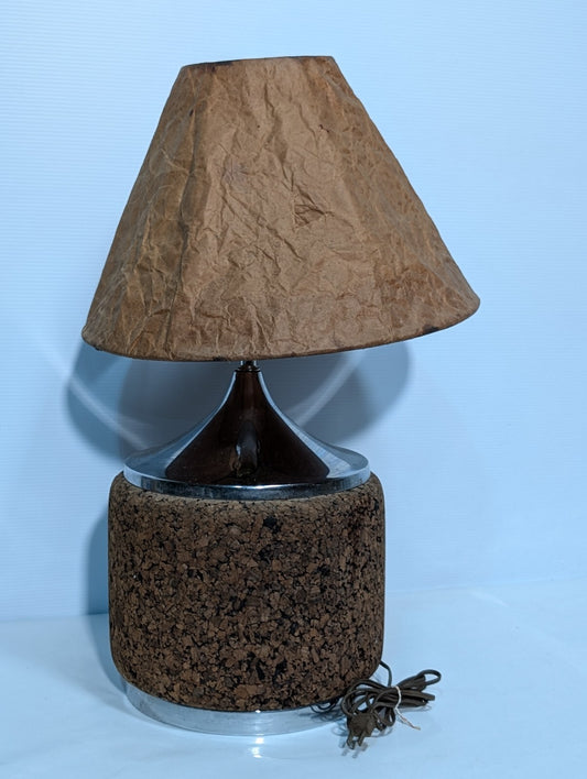Vintage Mid Century Modern Era Chrome & Cork Corded Table Lamp, 11" Diameter