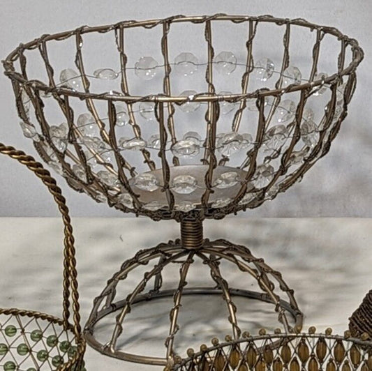 Vintage round metal basket with bead accents. Pedestal.  8.5"H x 10"(top) dia.  