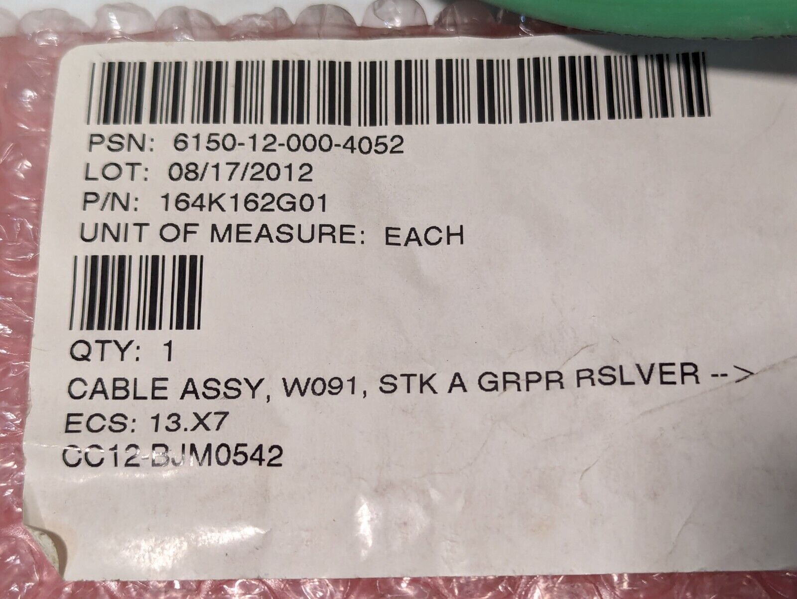 164K162G01 Cable Assembly W091, STK A GRPR RSLVER - ECS:13.X7, 6150-12-000-4052