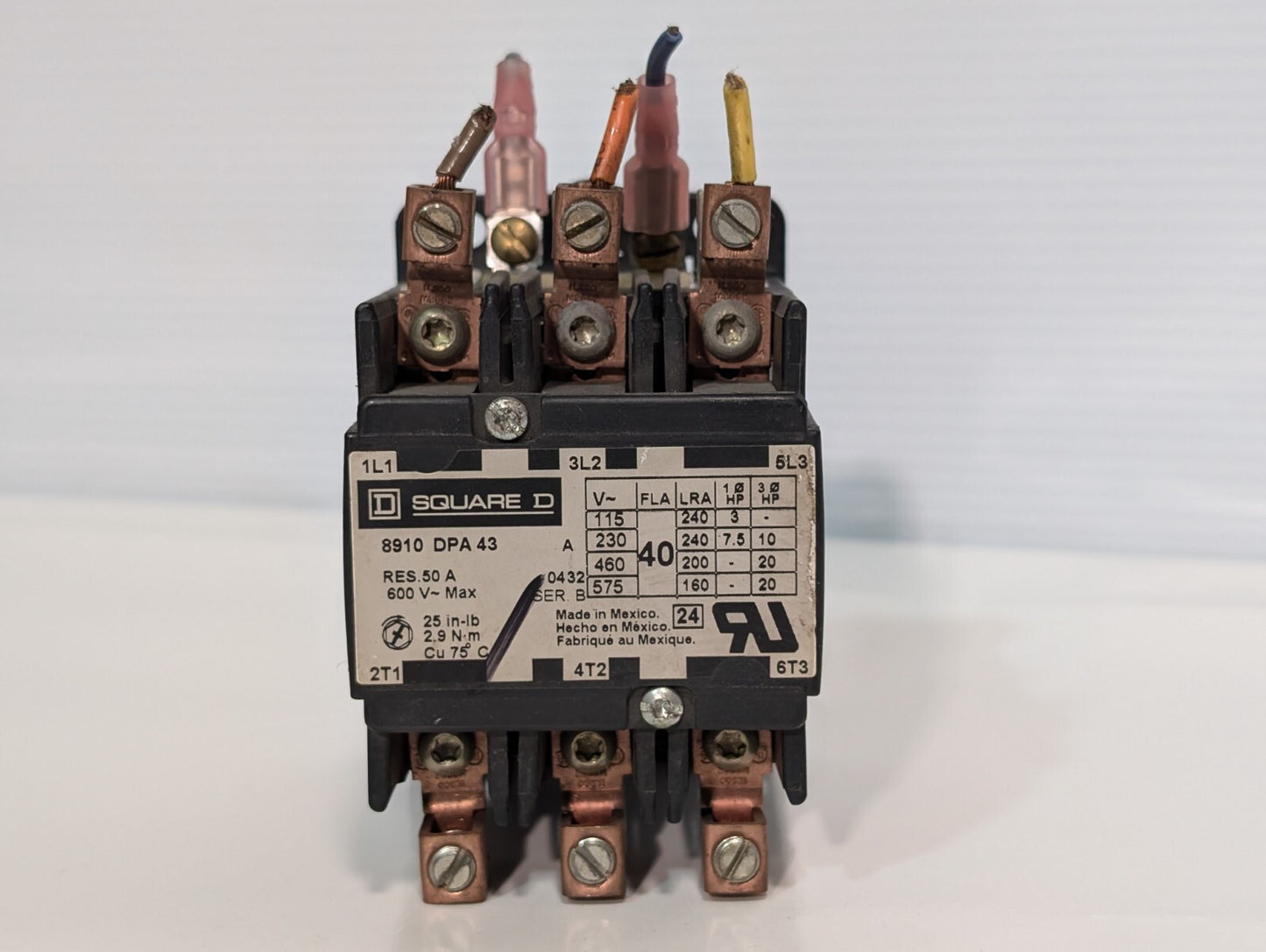 Square D 8910DPA43 Definite Purpose Contactor 50A Res, 40A, 3 Pole, Box Lug Term