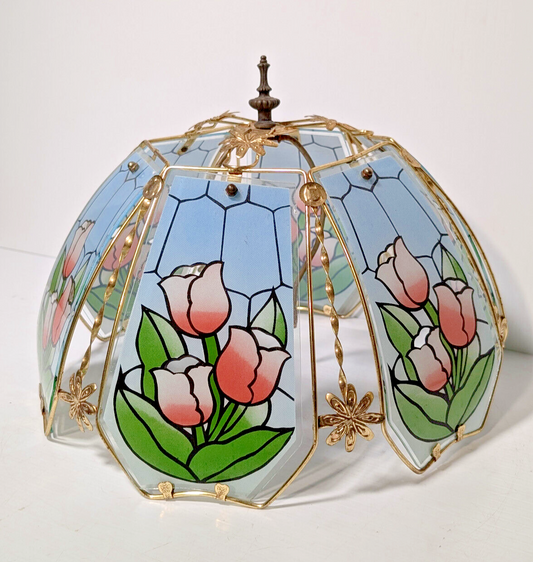 Vintage 80's Tiffany Style Tulip Glass, Brass Lamp Shade Sky Blue, Pink, Green