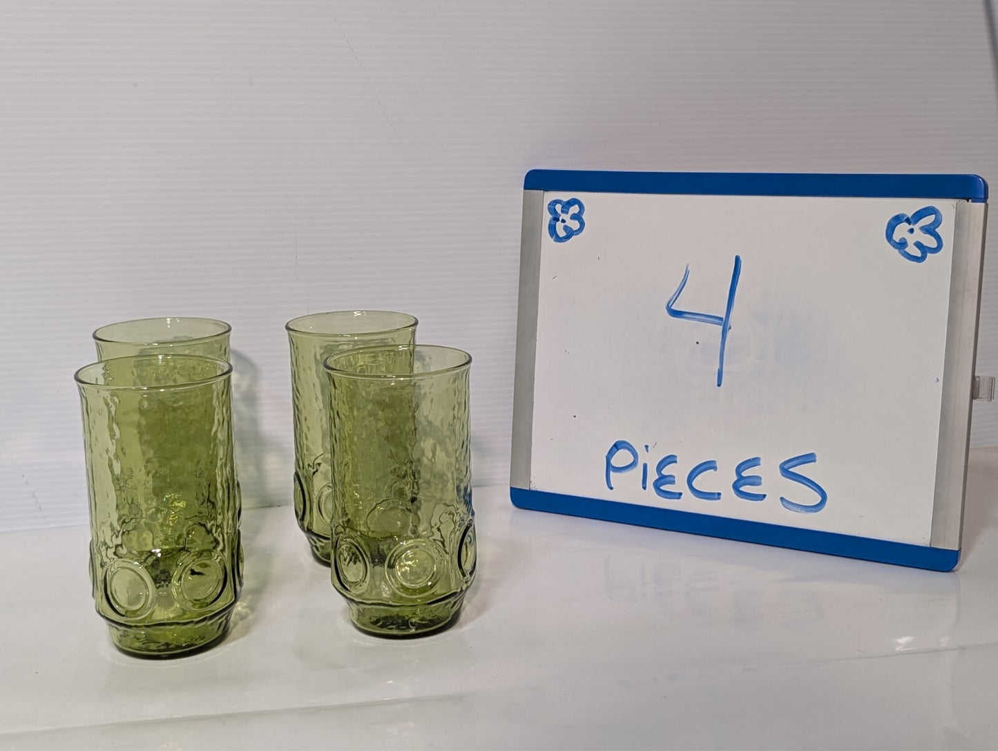 (4) Heritage Hill Green Avocado Hocking Drinking Glass Tumbler Circles Textured