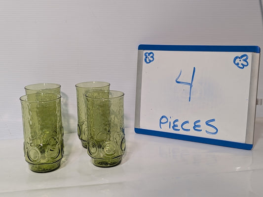 (4) Heritage Hill Green Avocado Hocking Drinking Glass Tumbler Circles Textured
