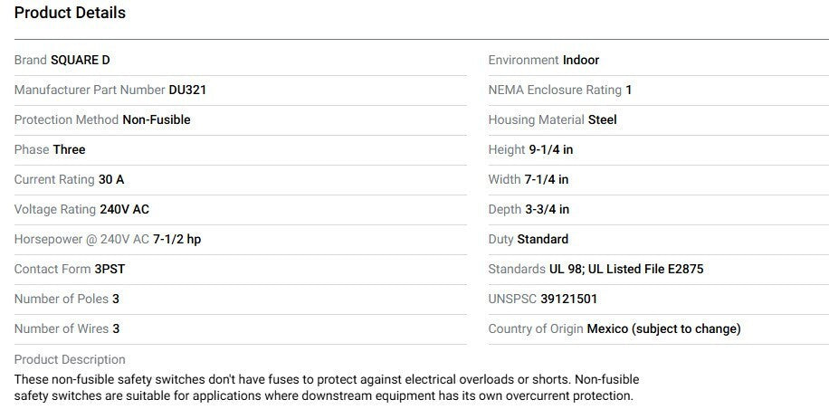 Square D DU321 Safety Switch: Non-Fusible, 30a, 240vac, 3Ph, Galvanized Steel