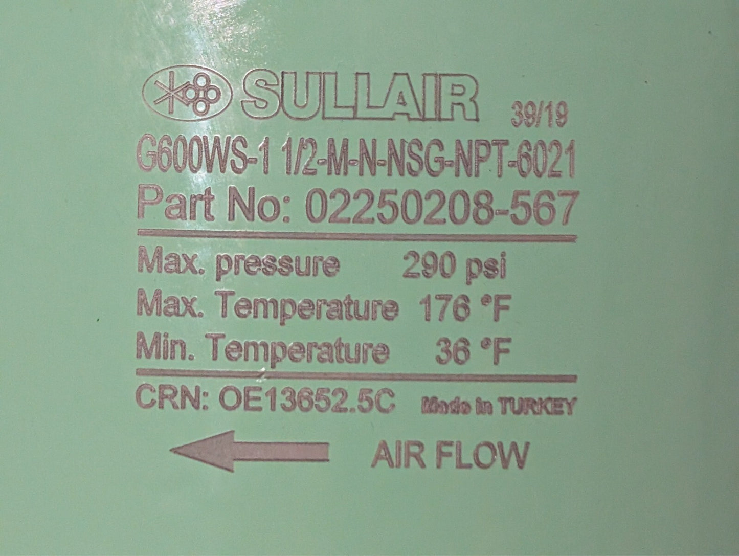 Sullair 02250208-567 Water Separator, 290PSI G600WS-1 1/2-M-N-NSG-NPT-6021