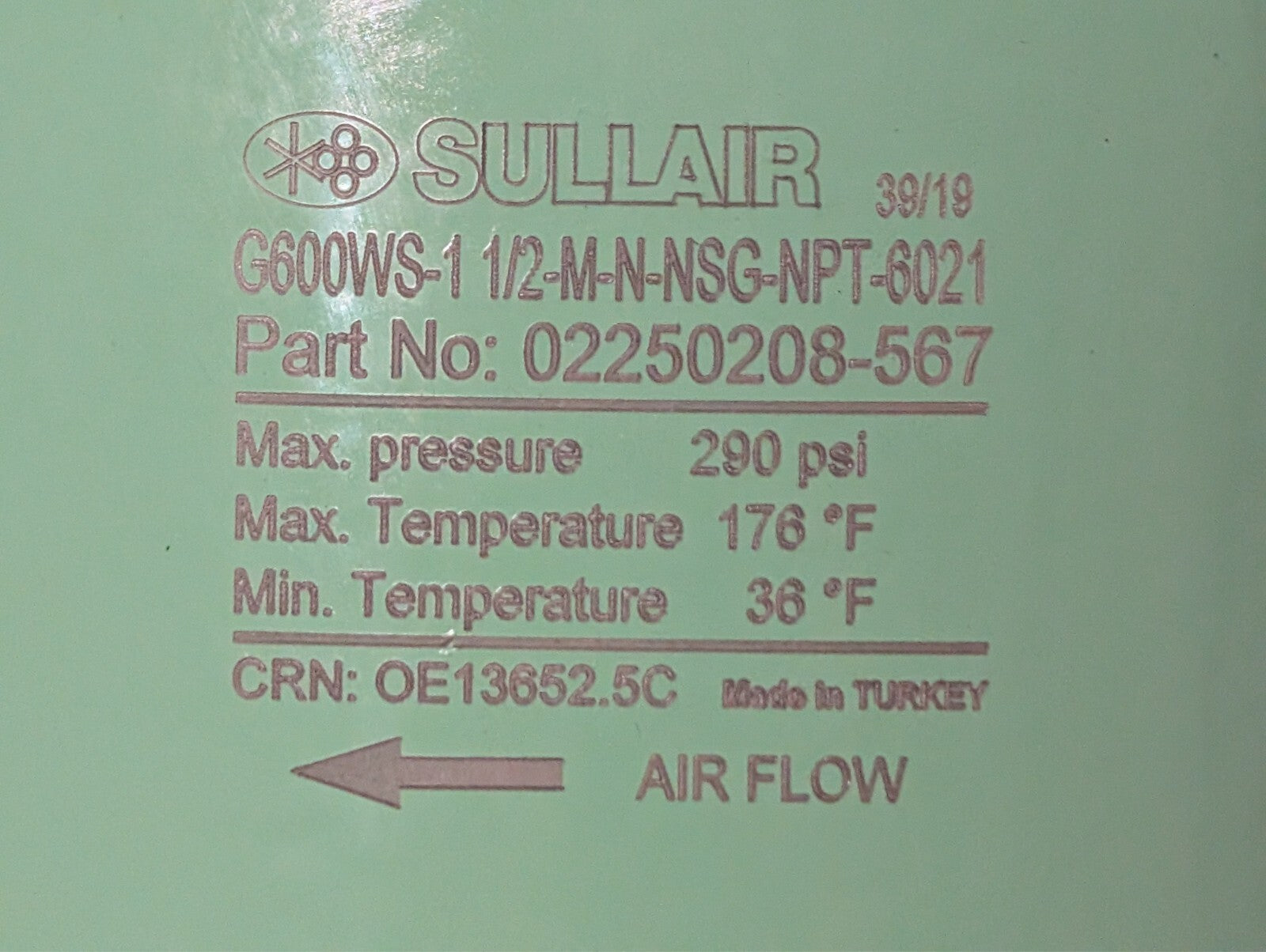 Sullair 02250208-567 Water Separator, 290PSI G600WS-1 1/2-M-N-NSG-NPT-6021