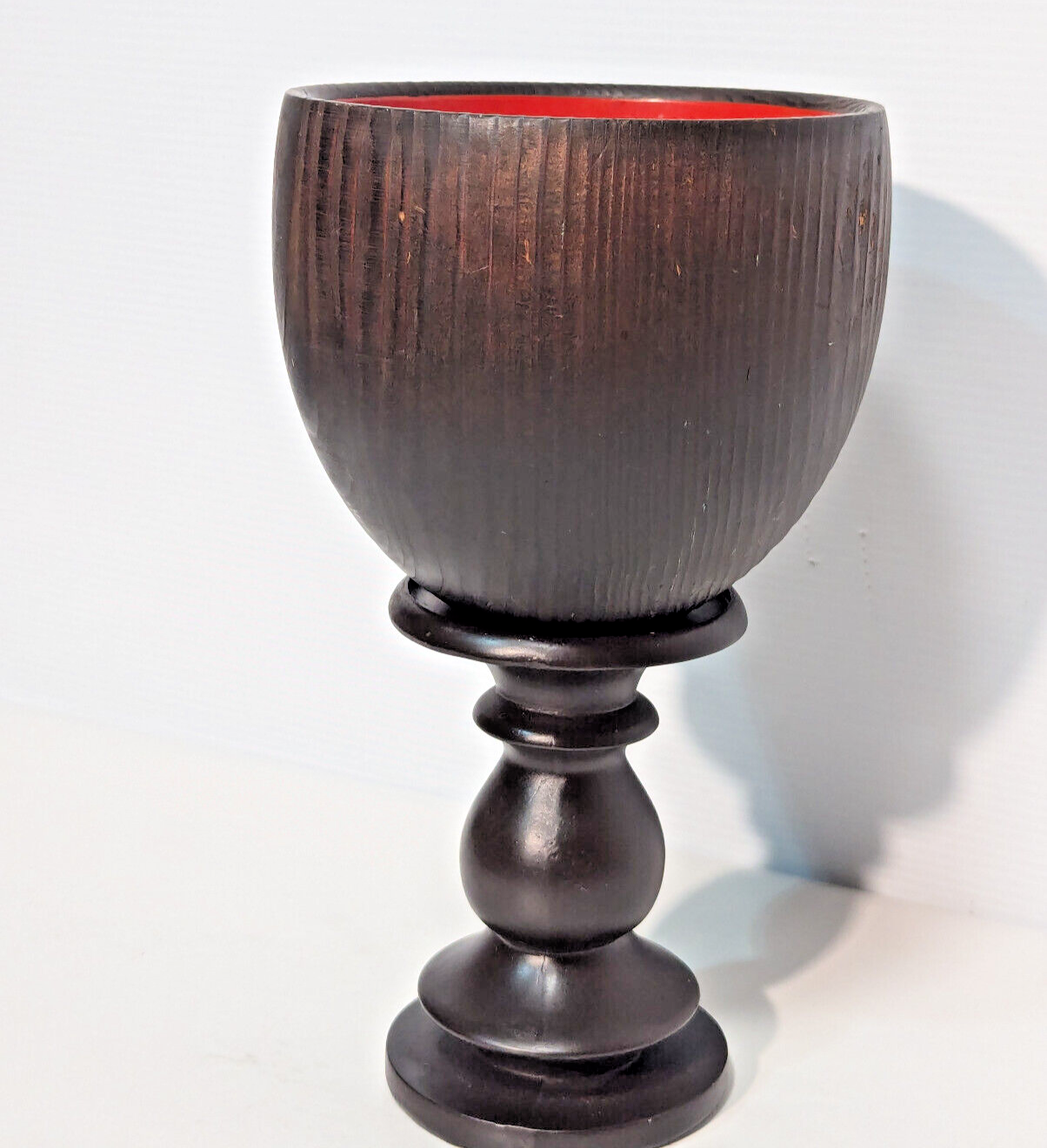 Unique Vintage Mid-Century Wooden Chalice Bowl Wood Stand Pedestal, Red Interior