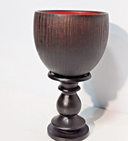 Unique Vintage Mid-Century Wooden Chalice Bowl Wood Stand Pedestal, Red Interior