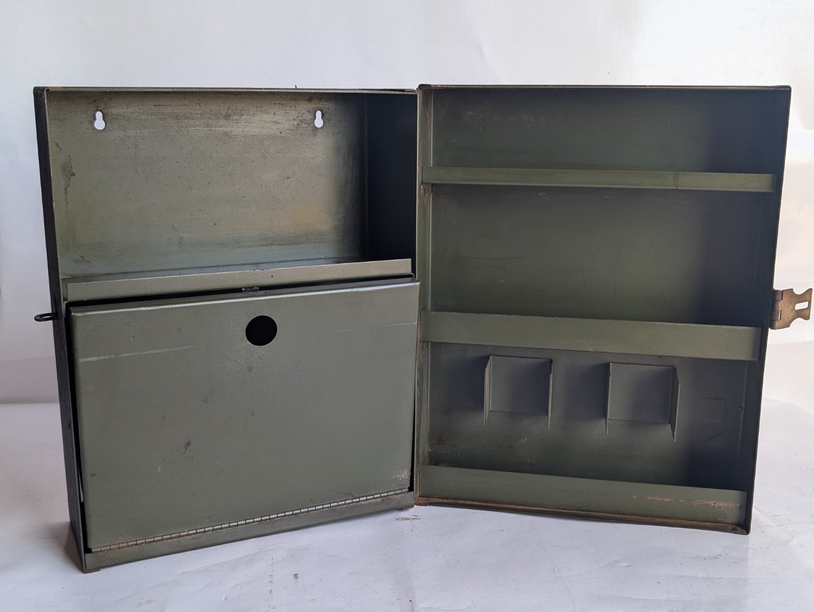 Vintage Metal Cabinet Storage Box with Flap Fold-out, Latch, Shelving