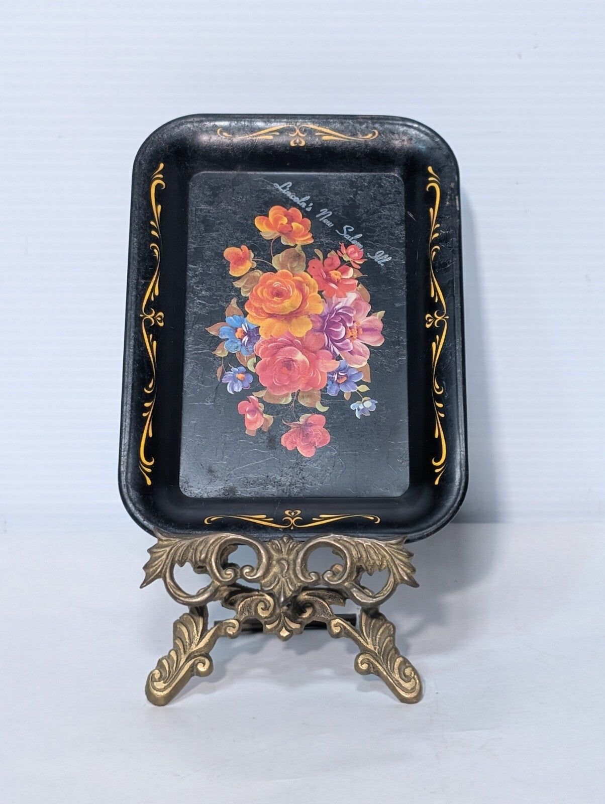 Vintage Tole Metal Floral Rose Design Tray with Display Stand